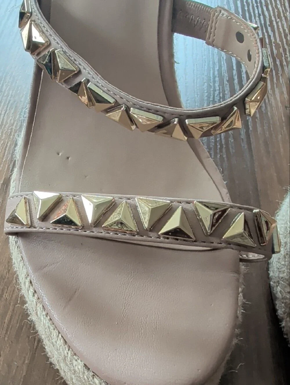 Steve Madden Beige Espadrille Wedge Sandals with Gold Studs